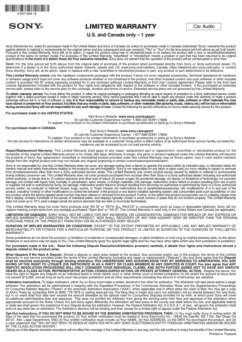 Page 1 de la notice Informations de garantie Sony XS-AW8