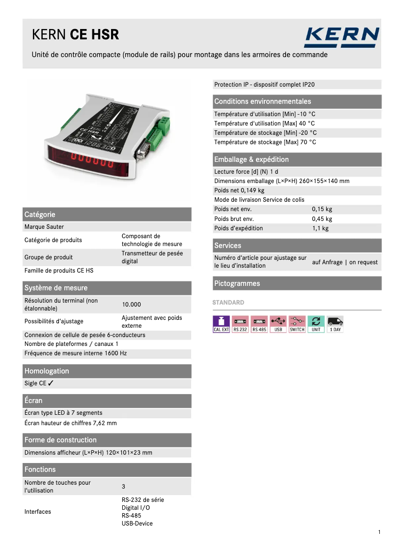Page 1 de la notice Fiche technique Kern CE HSR