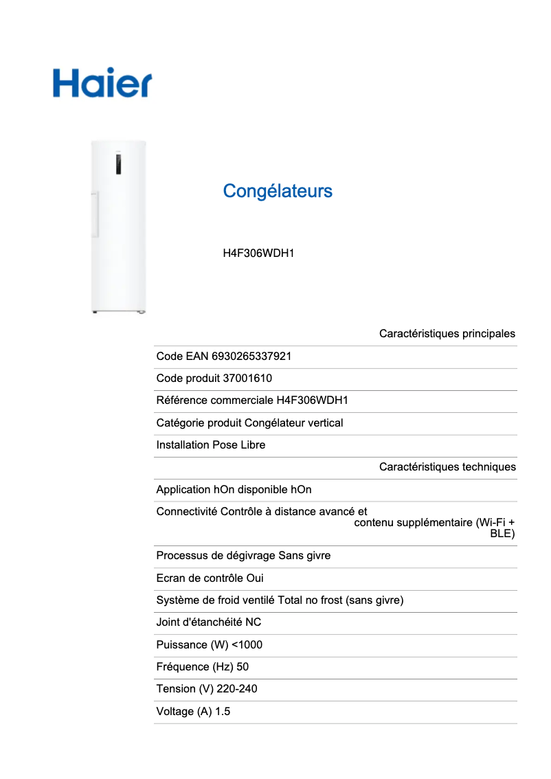 Page n°1 - Label énergétique Haier H4F306WDH1