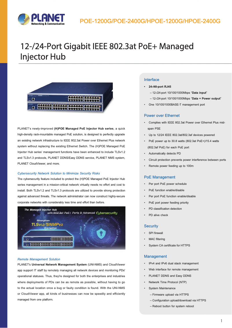 Page 1 de la notice Fiche technique Planet POE-1200G