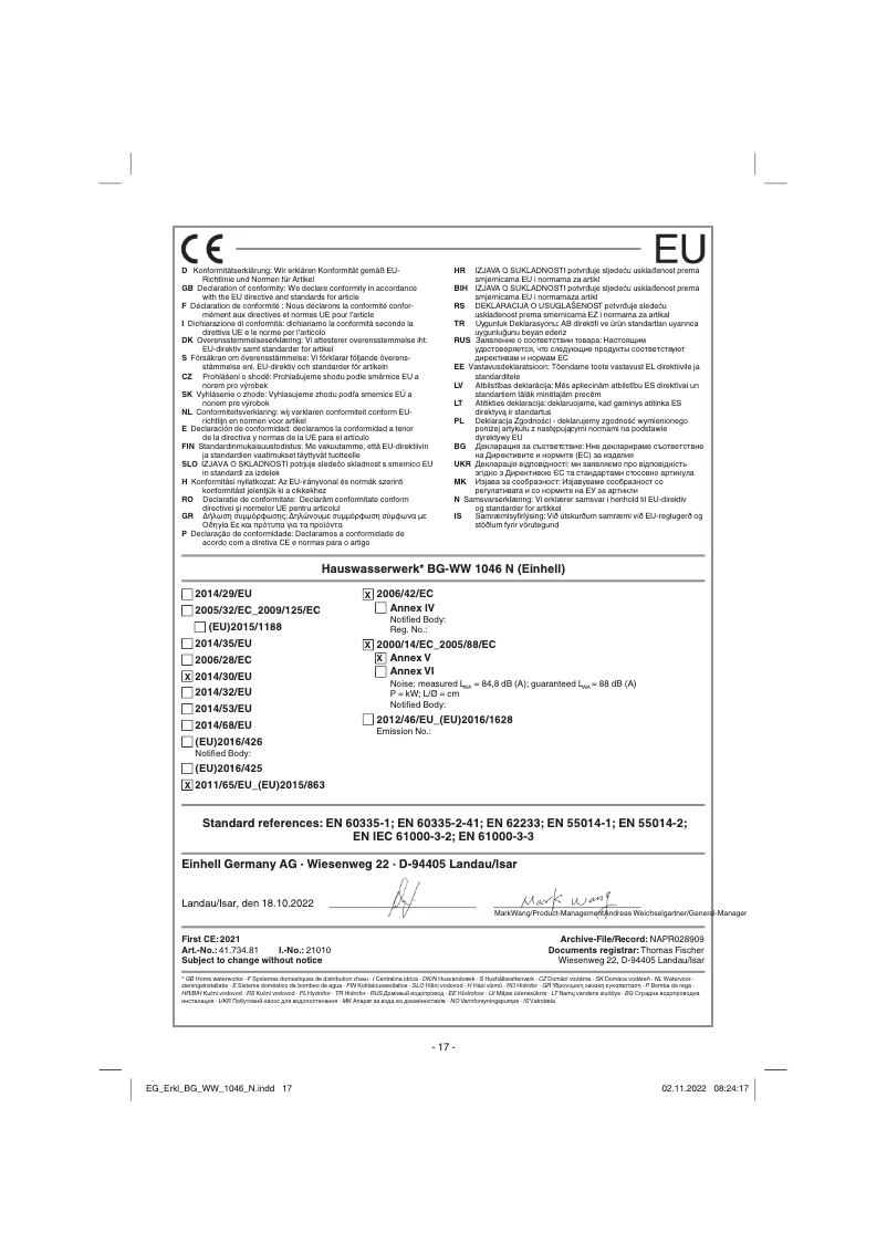 Page n°1 - Manuel utilisateur Einhell BG-WW 1046 N