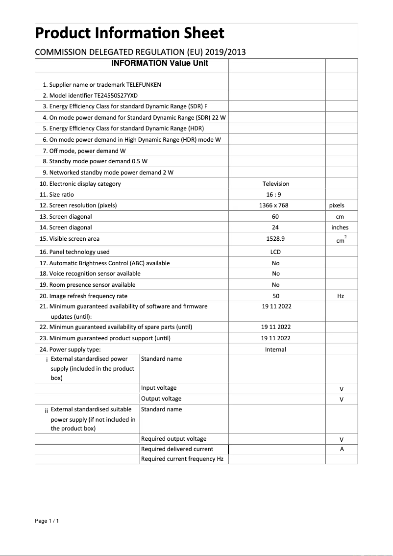 Página 1 del manual Ficha técnica Telefunken TE24550S27YXD