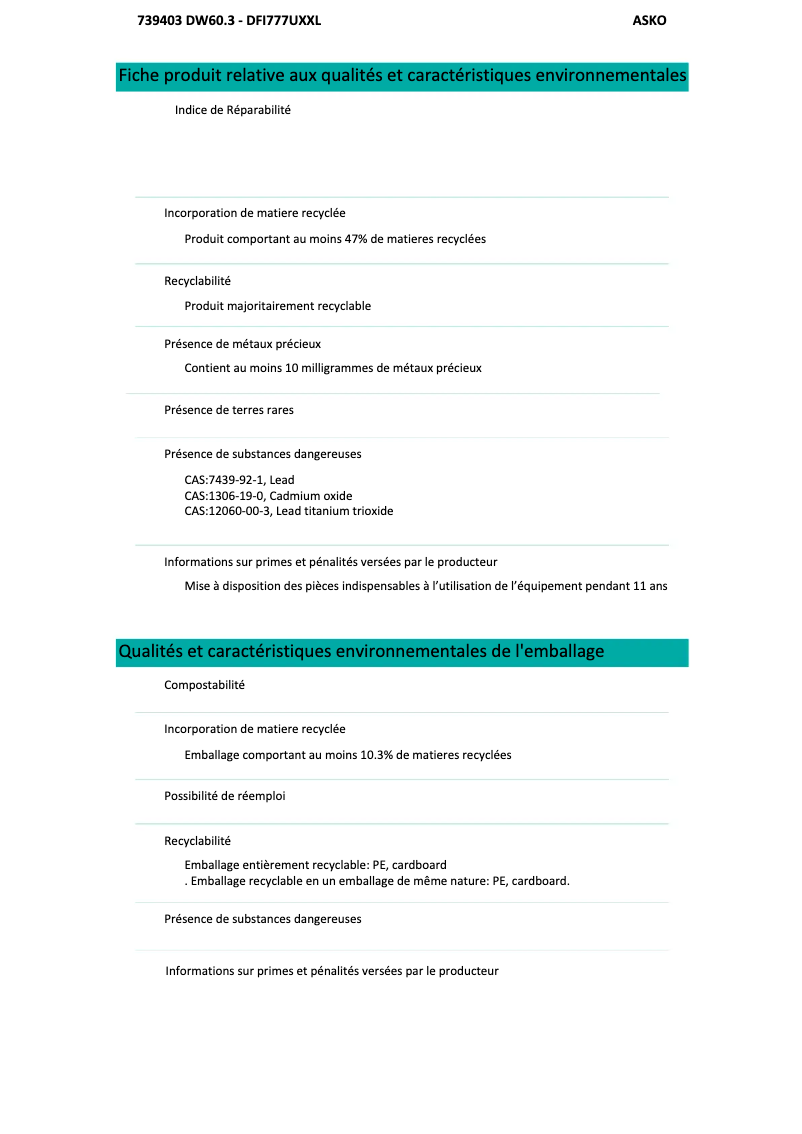 Page 1 de la notice Fiche technique Asko DFI777UXXL