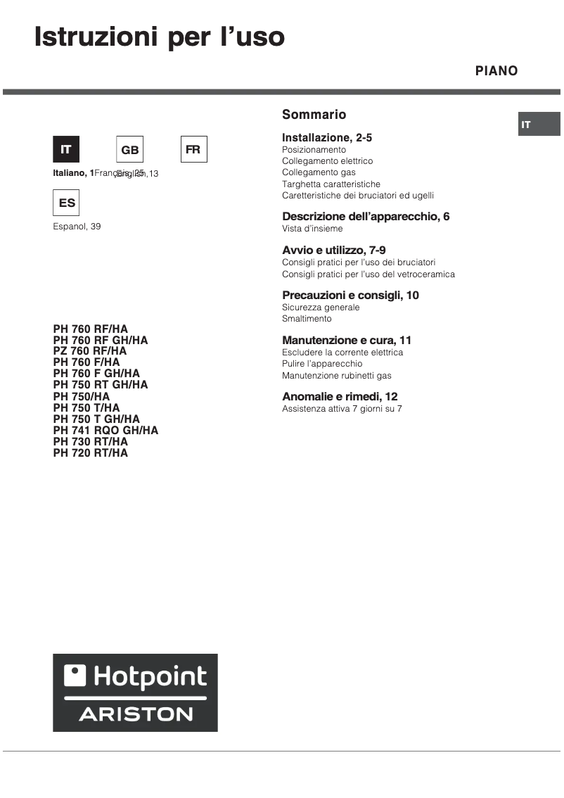 Page 1 de la notice Manuel utilisateur Hotpoint PH 750 T (AN) R/HA