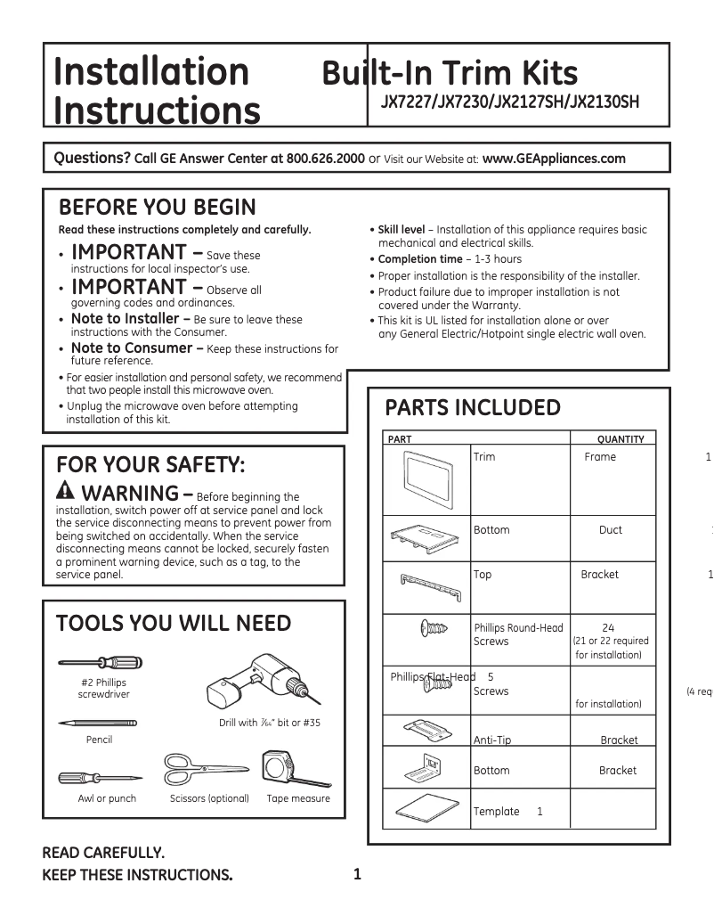 Page 1 de la notice Manuel utilisateur GE JX7230DFBB