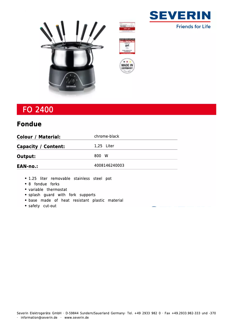Page 1 de la notice Fiche technique Severin FO 2400