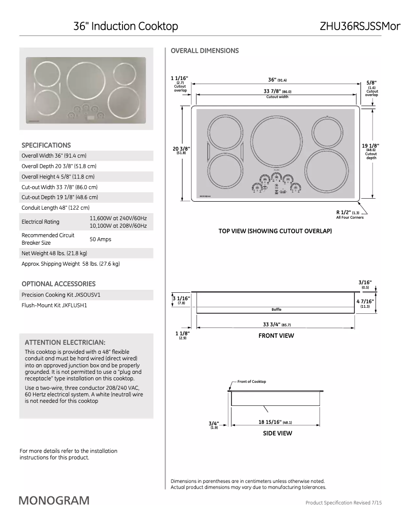 Page 1 de la notice Fiche technique Monogram ZHU36RSJSS