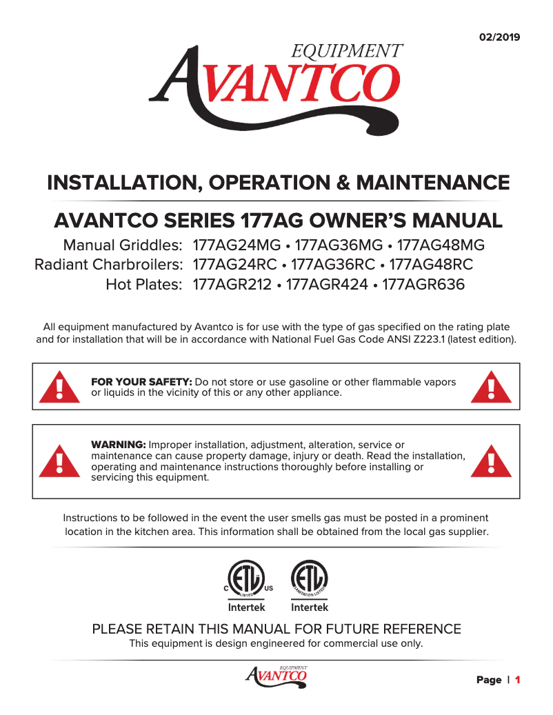 Page n°1 - Manuel utilisateur Avantco AG48RC