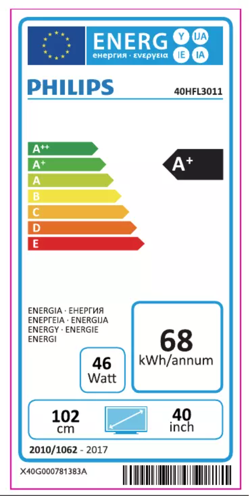 Page 1 de la notice Label énergétique Philips 40HFL3011T