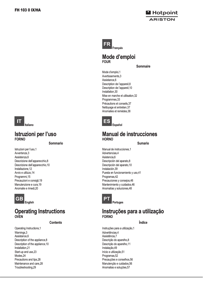 Page 1 de la notice Manuel utilisateur Hotpoint Ariston FH 103 0 IX/HA
