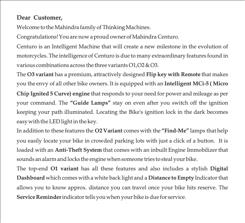 Page 1 de la notice Manuel utilisateur Mahindra Centuro