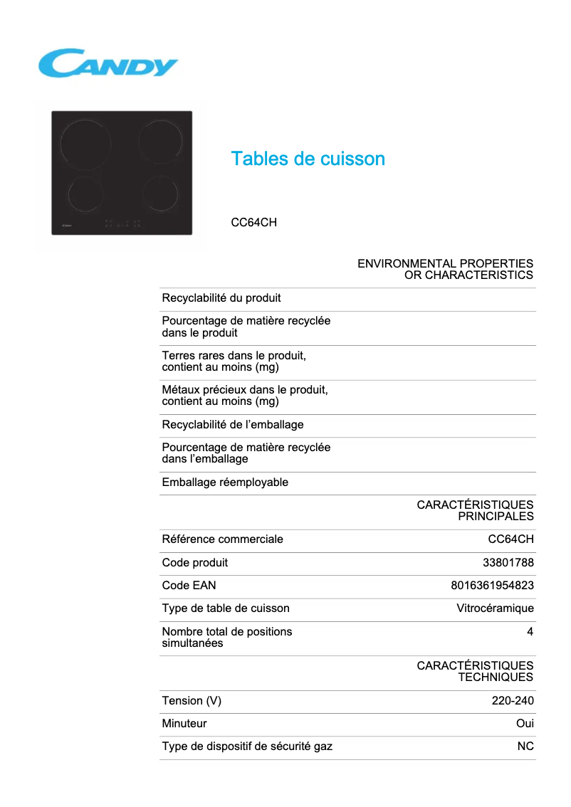 Page 1 de la notice Fiche technique Candy CC64CH