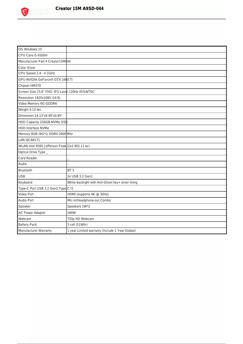Page 1 de la notice Fiche technique MSI Creator 15M