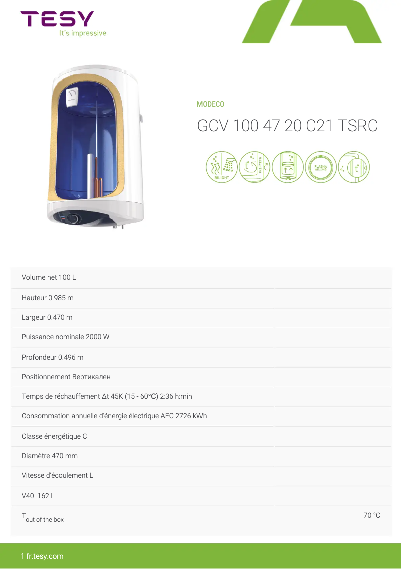 Página 1 del manual Ficha técnica Tesy ModEco 100