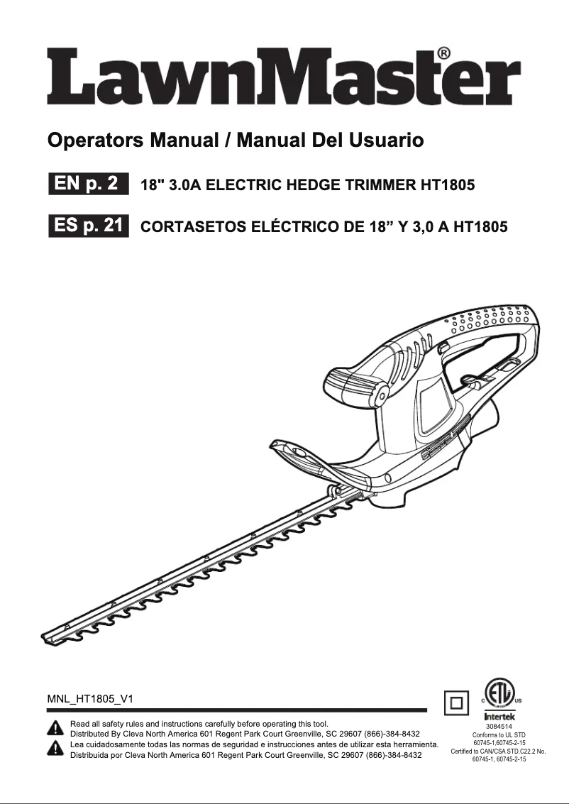 Page n°1 - Manuel utilisateur LawnMaster HT1805