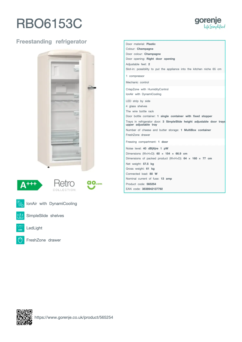 Page n°1 - Fiche technique Gorenje RBO6153C