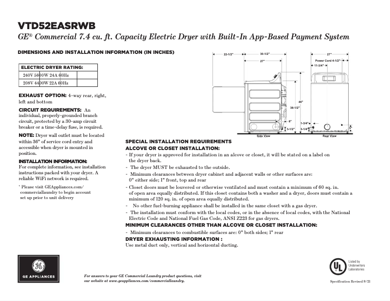 Page 1 de la notice Fiche technique GE VTD52EASRWB