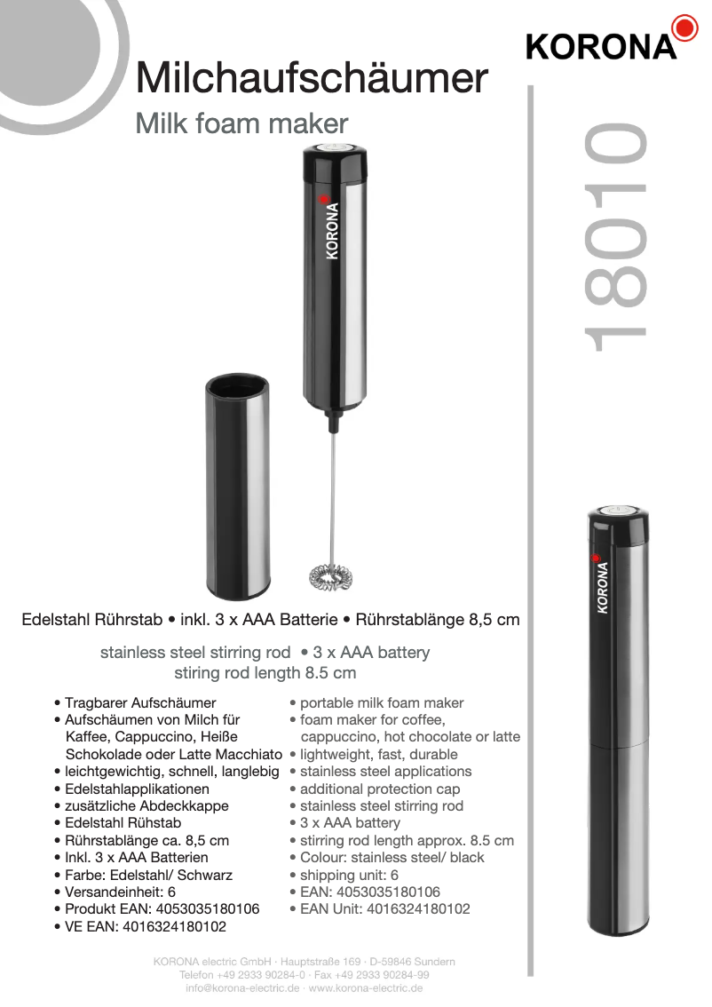 Página 1 del manual Ficha técnica Korona 18010