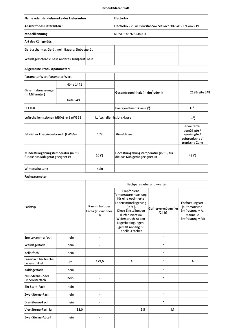 Page 1 de la notice Fiche technique Electrolux KTS5LE14S