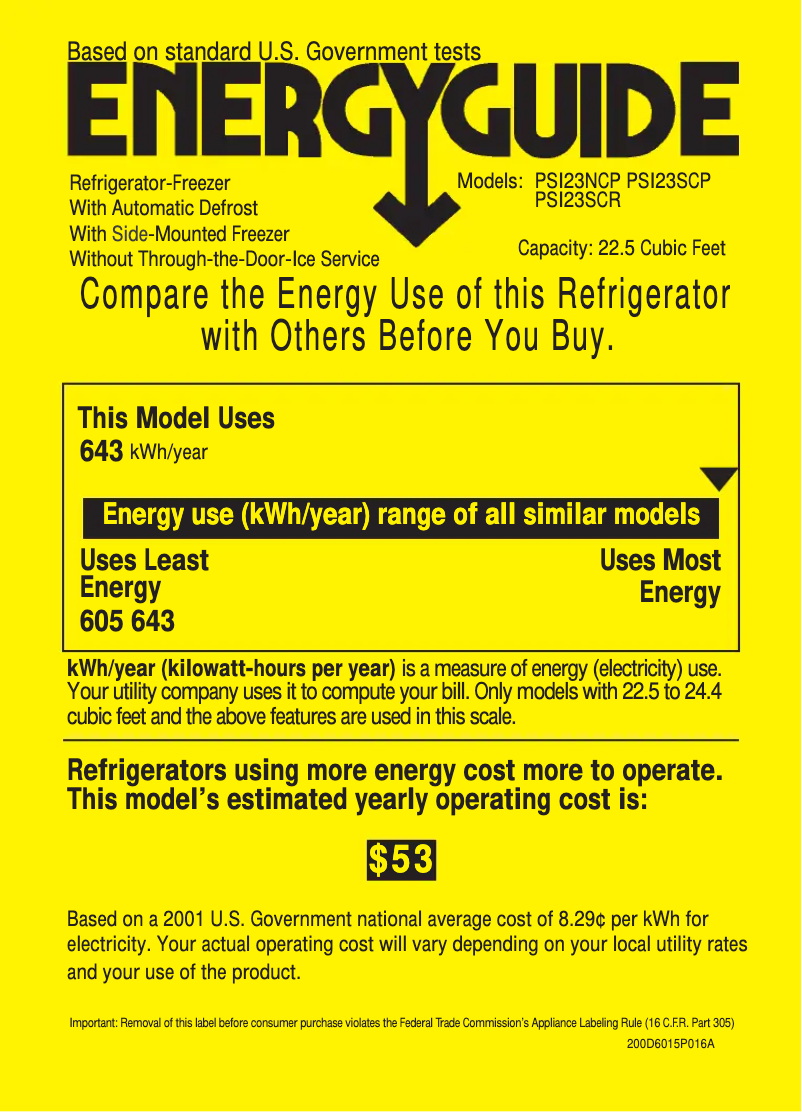 Page 1 de la notice Label énergétique GE Profile CustomStyle PSI23NCPCC