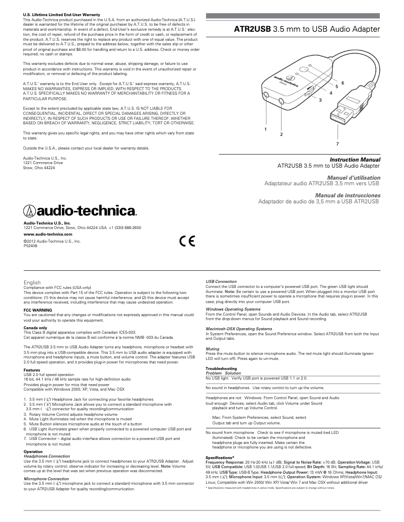 Page 1 de la notice Manuel utilisateur Audio-Technica ATR2x-USB