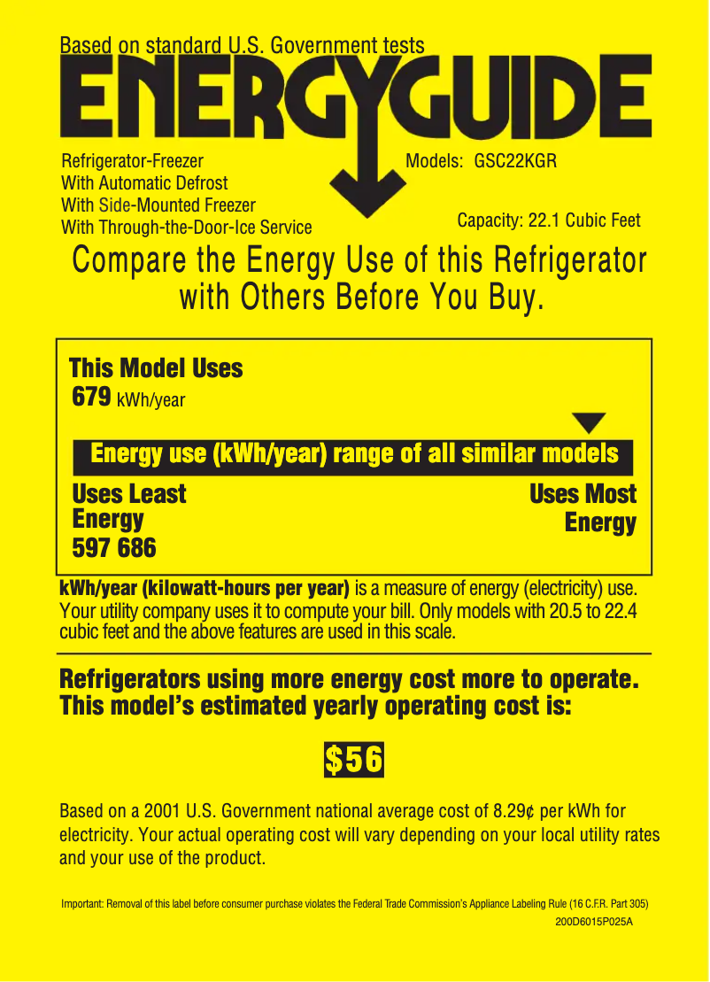 Page 1 de la notice Label énergétique GE GSC22KGRBB