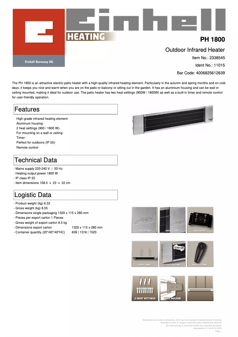 Page n°1 - Fiche technique Einhell PH 1800