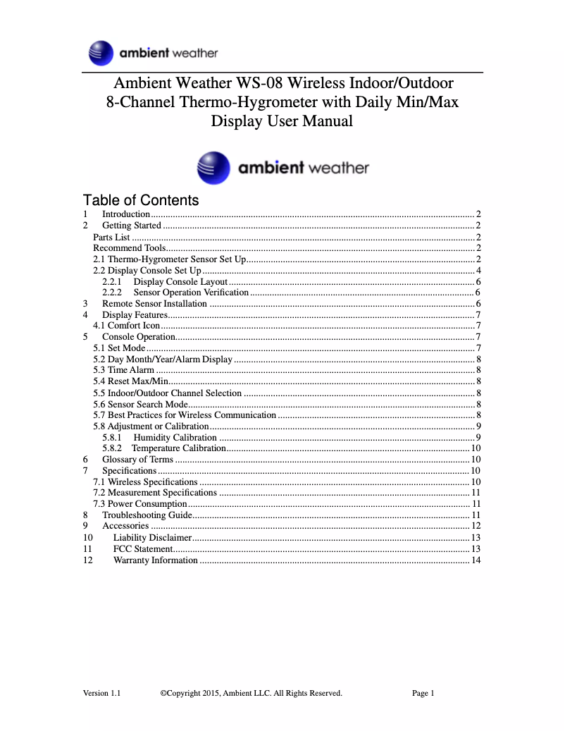 Page n°1 - Manuel utilisateur Ambient Weather WS-08