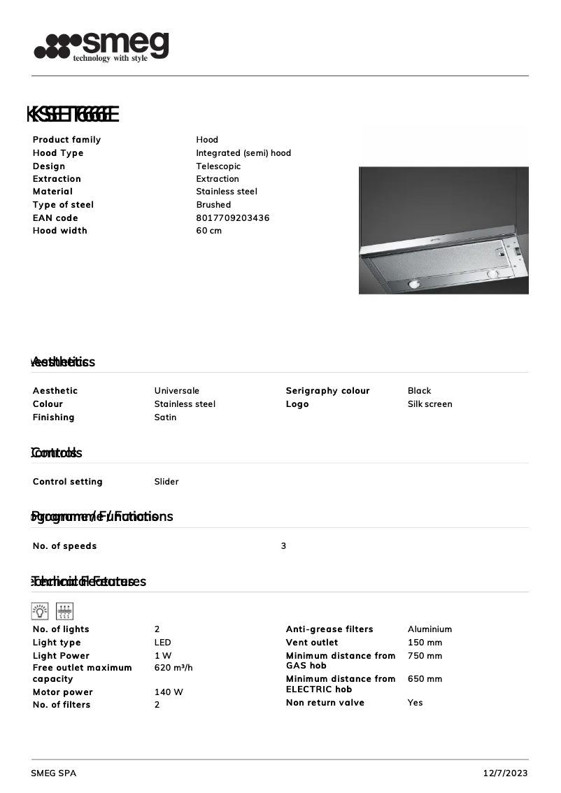 Page 1 de la notice Fiche technique Smeg KSET66E