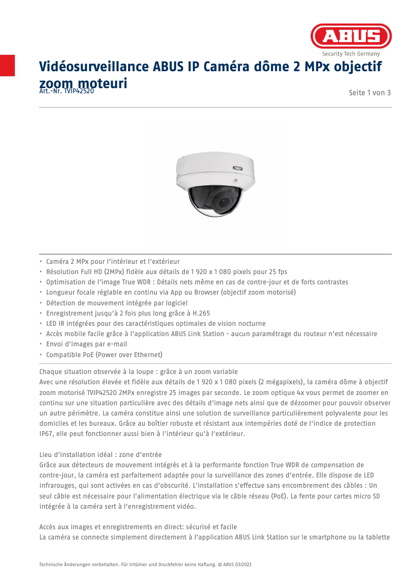 Page n°1 - Fiche technique Abus IP DOME CAM 2MPX TVIP42520