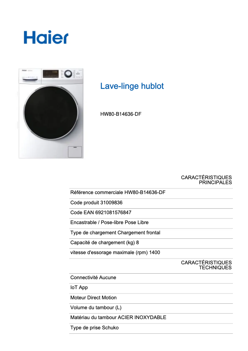 Página 1 del manual Ficha técnica Haier HW80-B14636