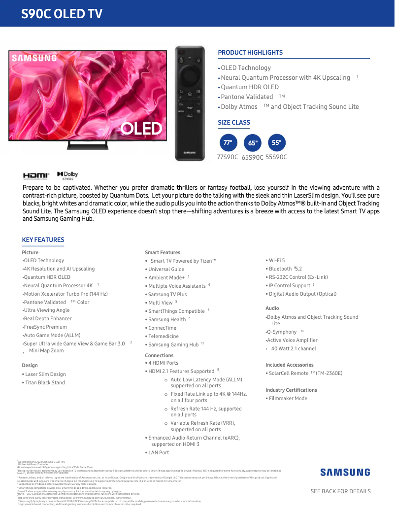 Page 1 de la notice Fiche technique Samsung QN55S90CAF