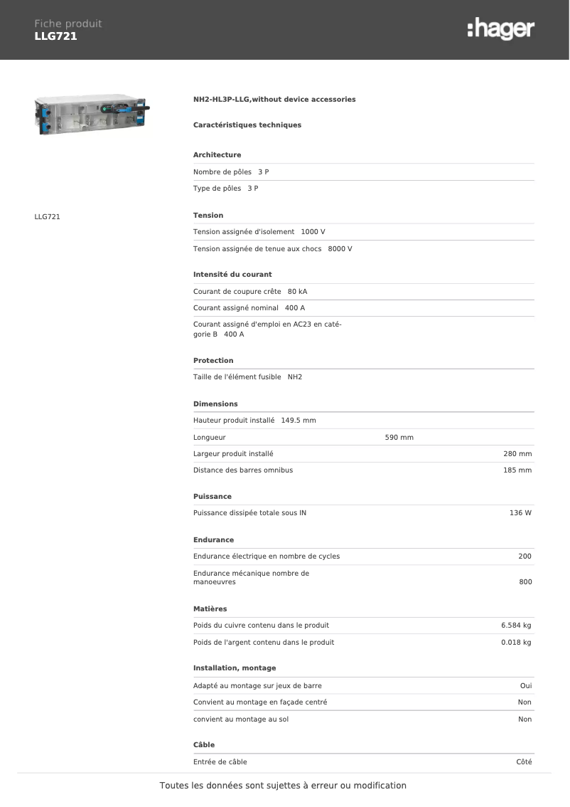 Page 1 de la notice Fiche technique Hager LLG721