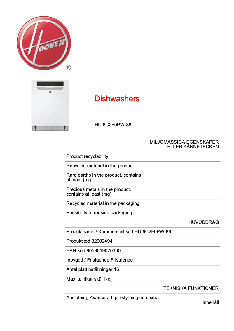 Page 1 de la notice Fiche technique Hoover HU 6C2F0PW-86