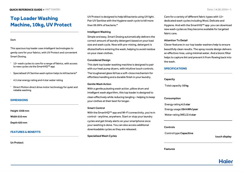 Page 1 de la notice Manuel utilisateur Haier HWT10ADB1