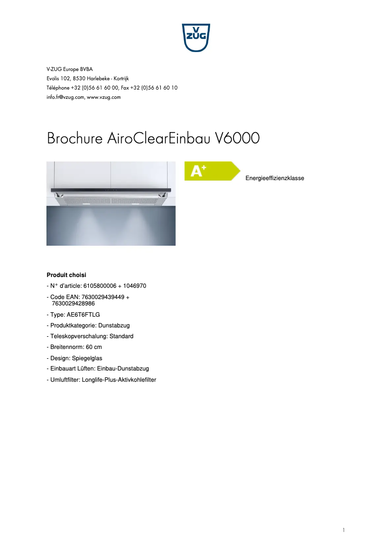Page 1 de la notice Manuel utilisateur V-Zug AiroClearEinbau V6000