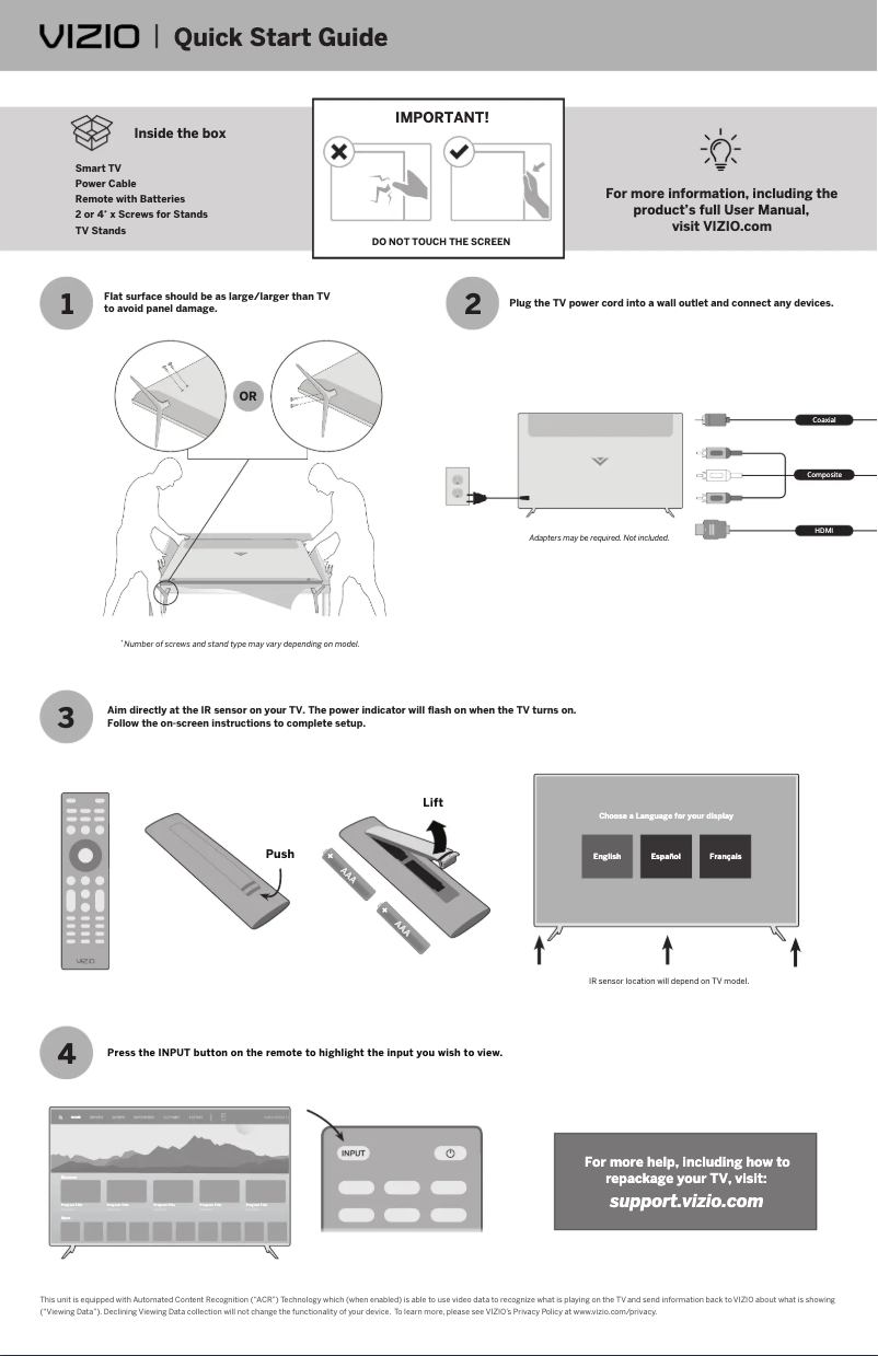 Page 1 de la notice Guide de démarrage rapide VIZIO V505-H9