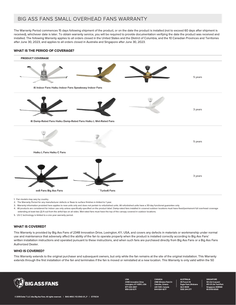 Page n°1 - Informations de garantie Big Ass Fans es6