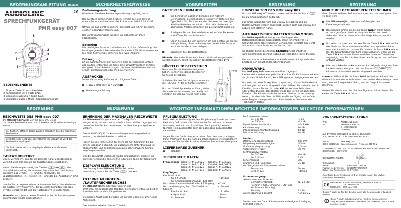 Page n°1 - Manuel utilisateur Audioline PMR easy 007