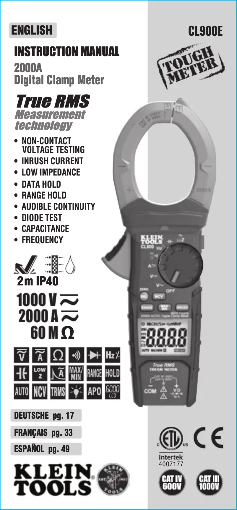 Página 1 del manual Manual de usuario Klein Tools CL900