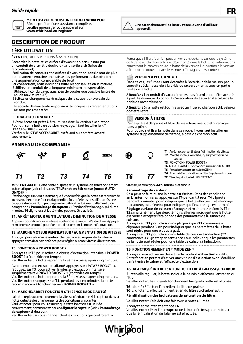 Page 1 de la notice Manuel utilisateur Whirlpool WHBS 92F LT K