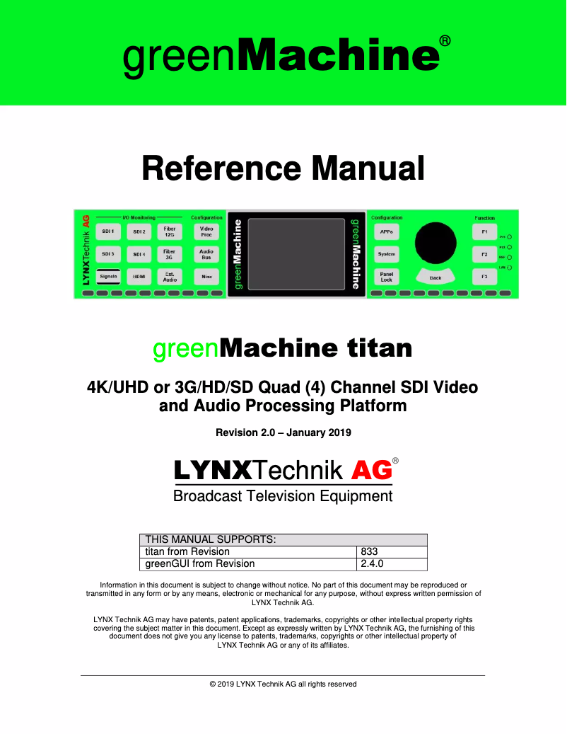 Page 1 de la notice Manuel utilisateur Lynx Technik greenMachine Titan