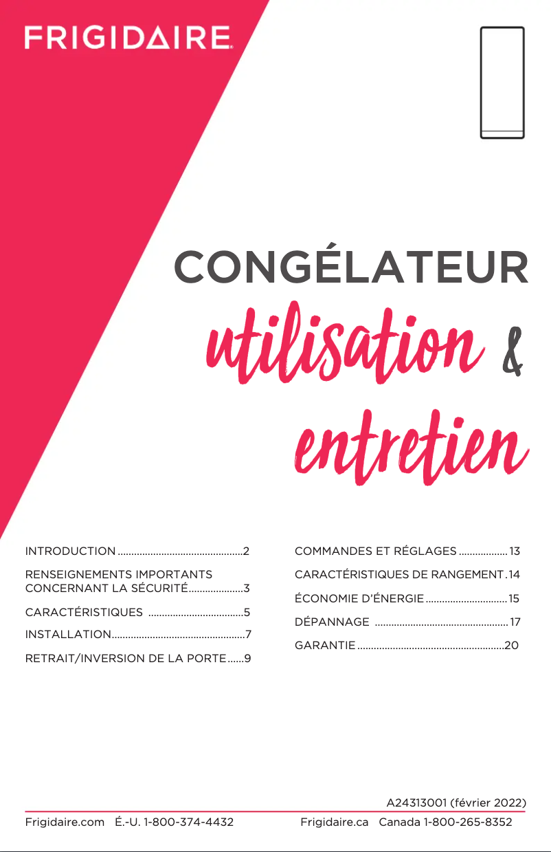 Page n°1 - Manuel d'utilisation et d'entretien Frigidaire FFFU13F2VW