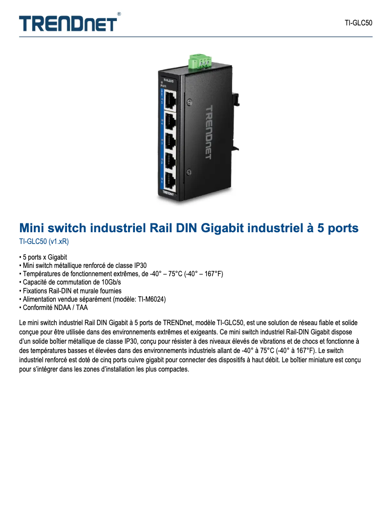 Page 1 de la notice Manuel utilisateur TRENDnet TI-GLC50