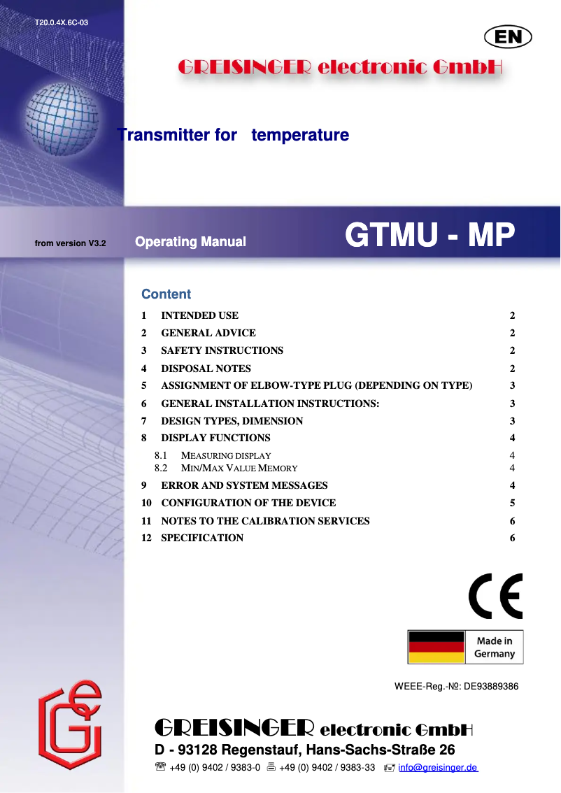 Page 1 de la notice Manuel utilisateur Greisinger GTMU-MP