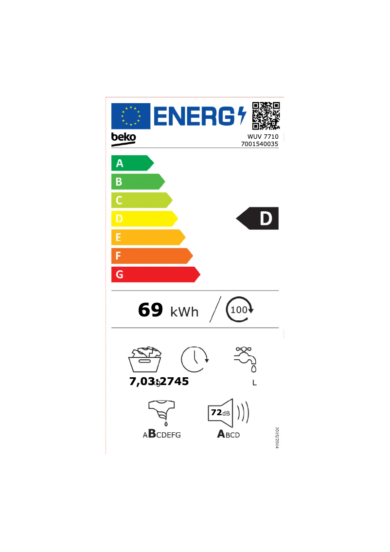 Page 1 de la notice Label énergétique Beko WUV 7710