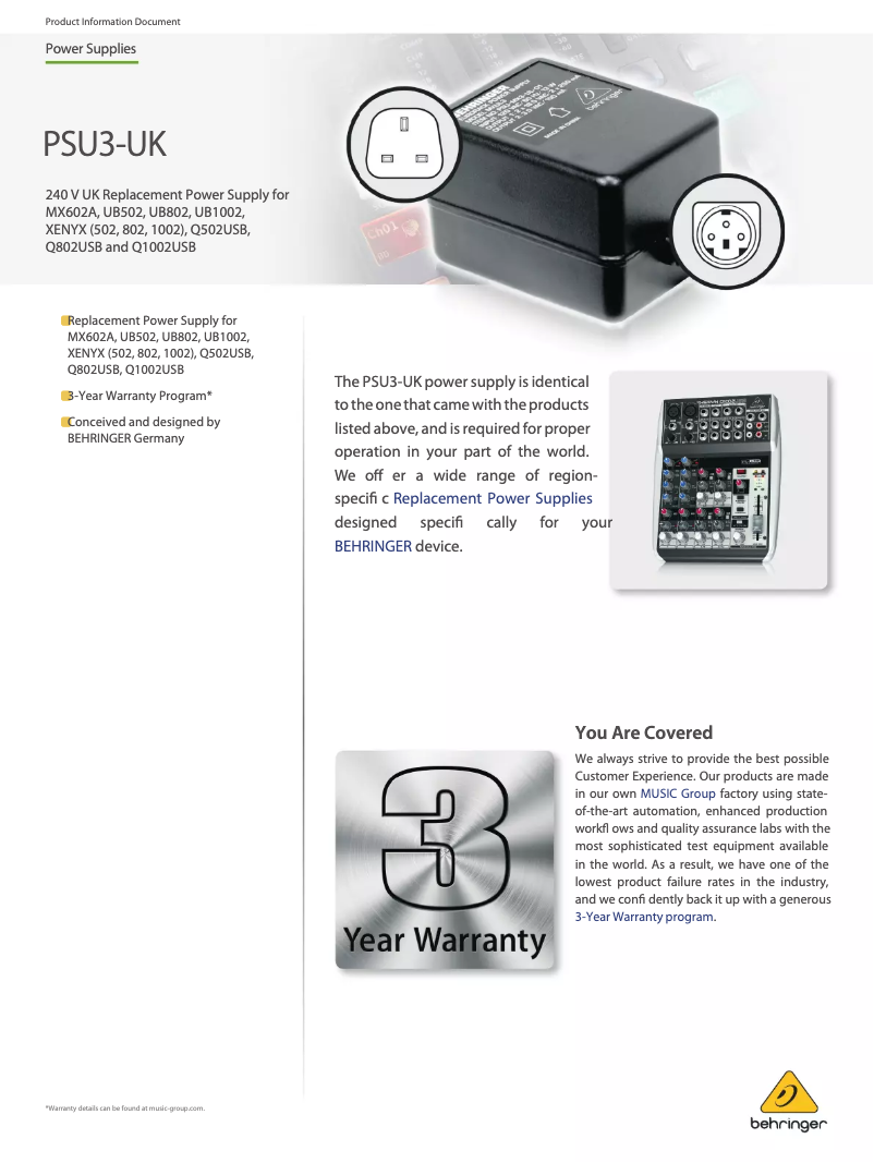 Page n°1 - Manuel utilisateur Behringer PSU3-UK