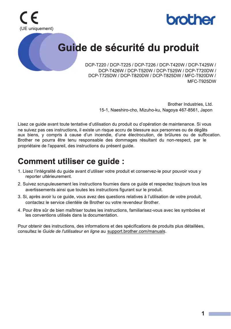 Page 1 de la notice Instructions de sécurité Brother DCP-T420W