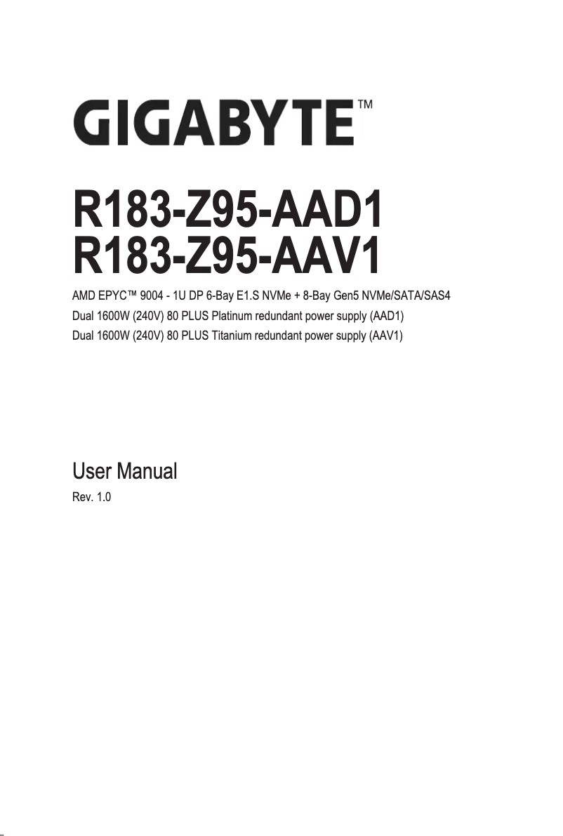 Page 1 of the manual User Manual Gigabyte R183-Z95