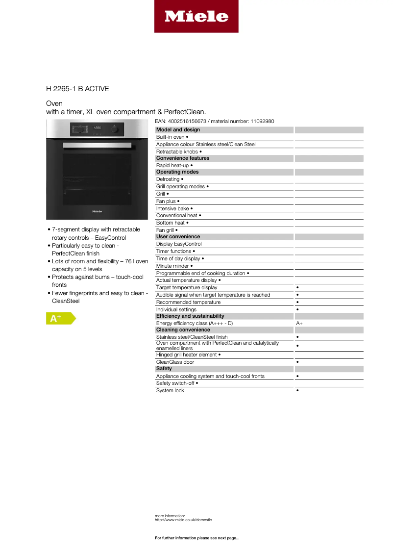 Page n°1 - Fiche technique Miele H 2265-1 B Active